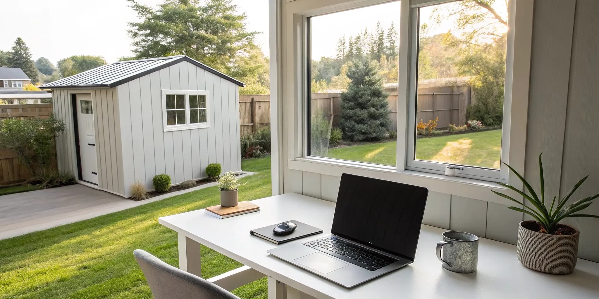 Modern backyard with a prebuilt shed you can buy online.