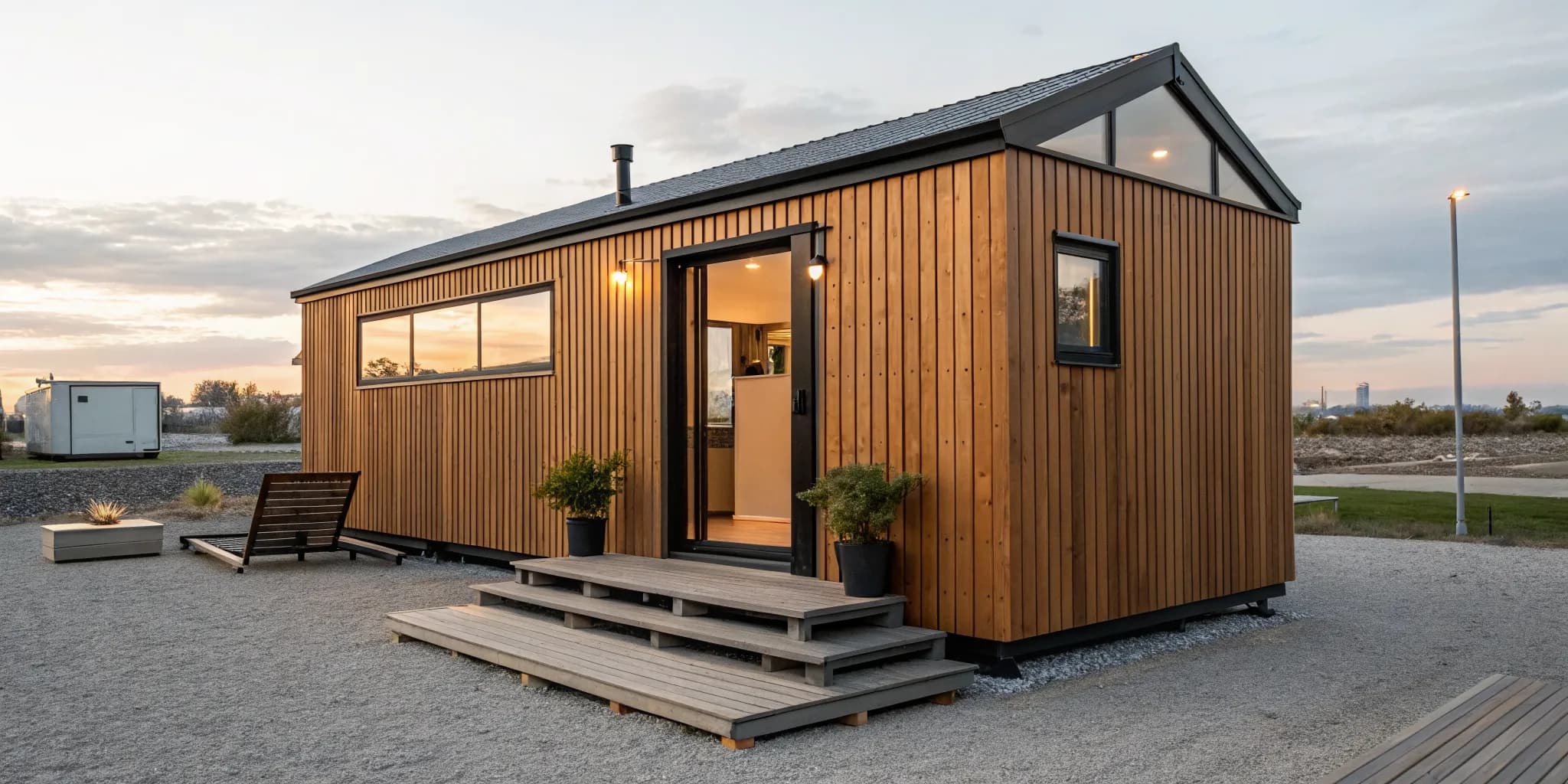 A small prebuilt cabin with wood siding, a popular model for those ready to buy.
