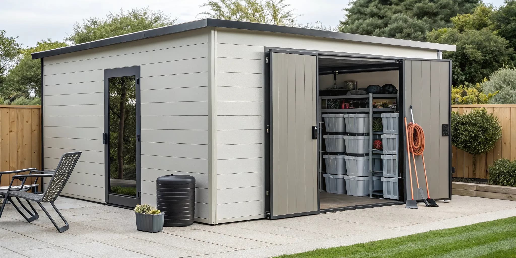 A modern outdoor storage shed, a smart buy for organizing backyard tools and equipment.