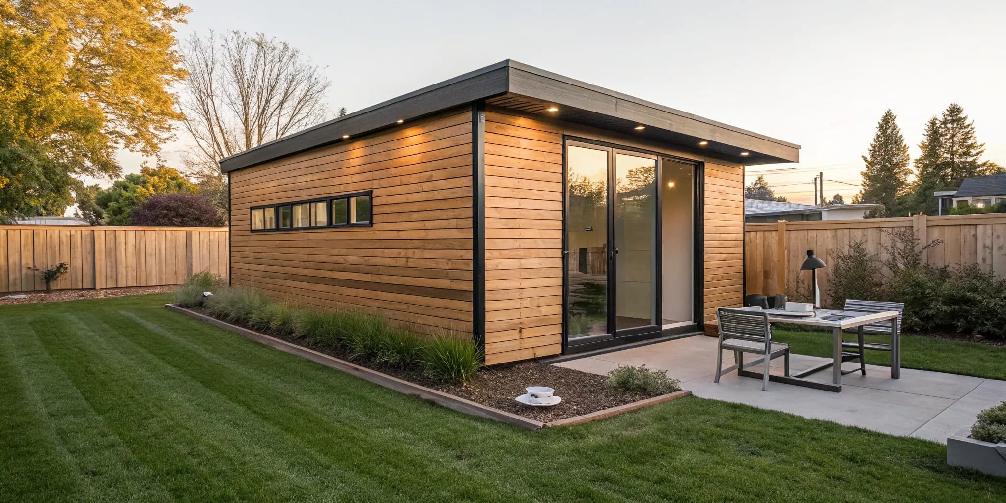 A custom backyard office shed with wood siding and large windows from a professional builder.