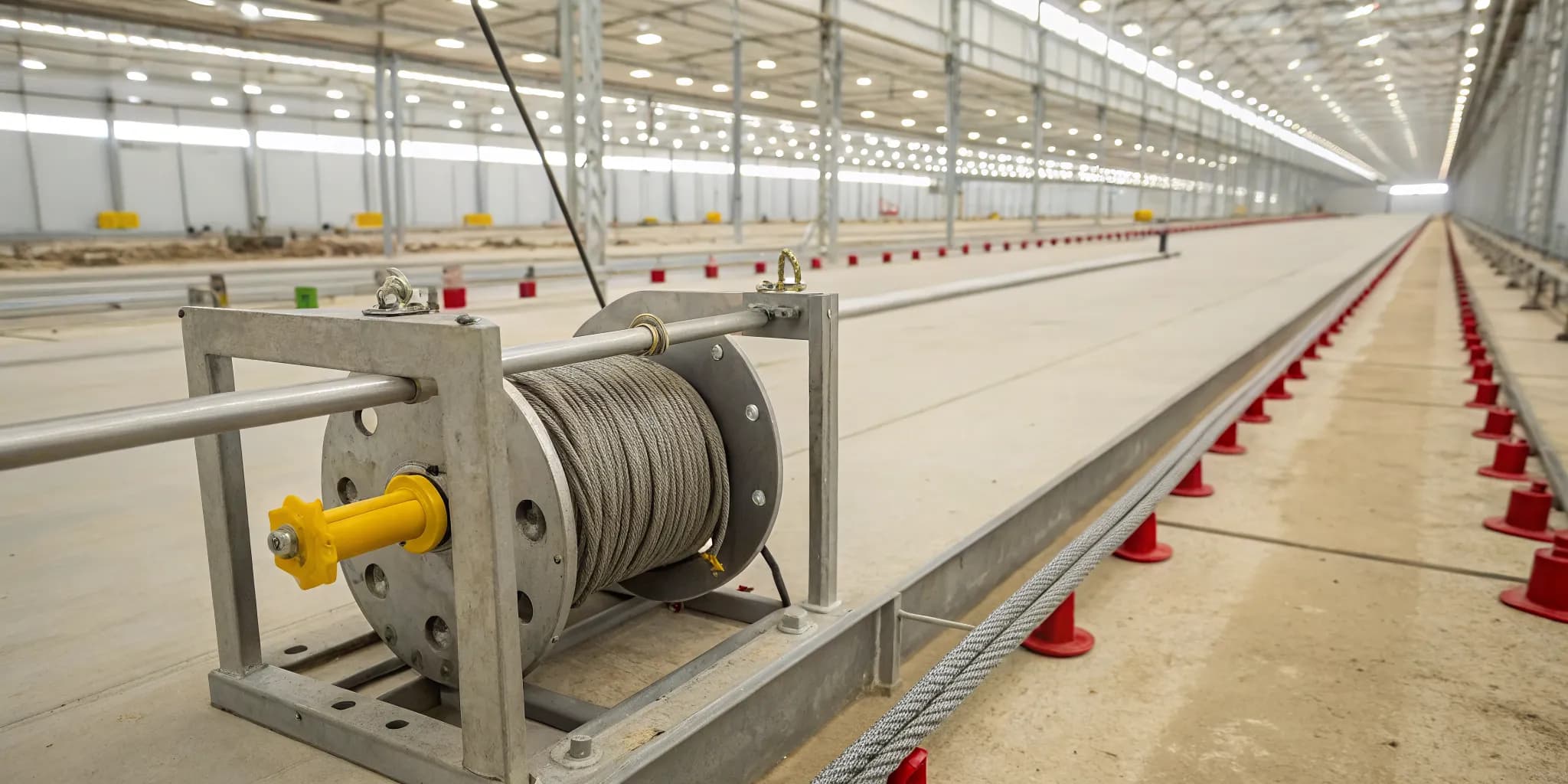 Chicken house winch with a steel cable installed in a poultry house.