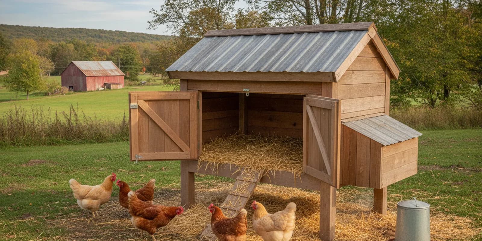 A clean backyard chicken coop with fresh bedding and open doors for ventilation