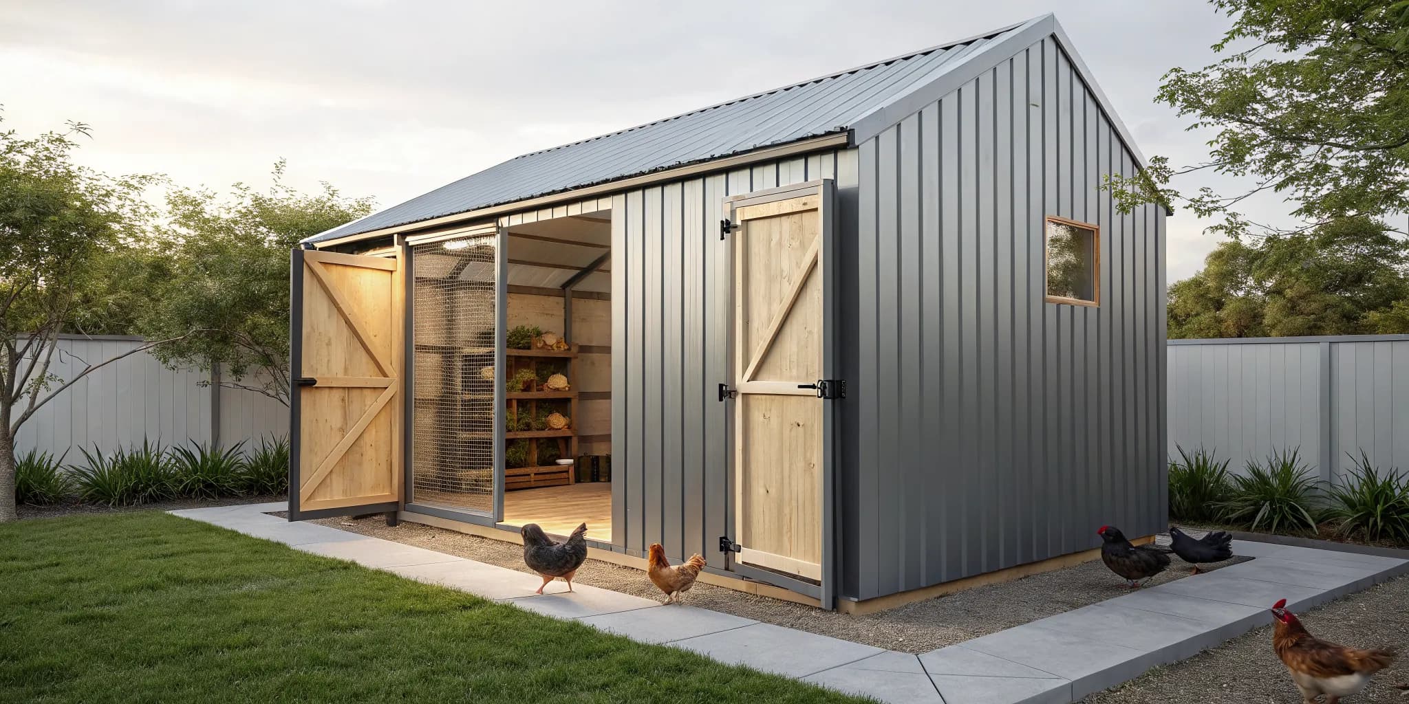 A secure chicken coop converted from a metal shed, with chickens in the attached outdoor run.