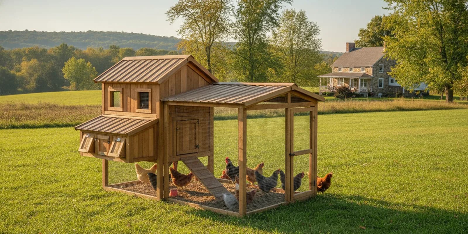 A well-planned wooden chicken coop in a rural Upstate New York backyard with an enclosed run