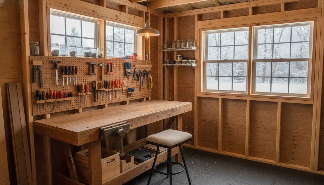 Insulated storage shed workspace in Upstate New York