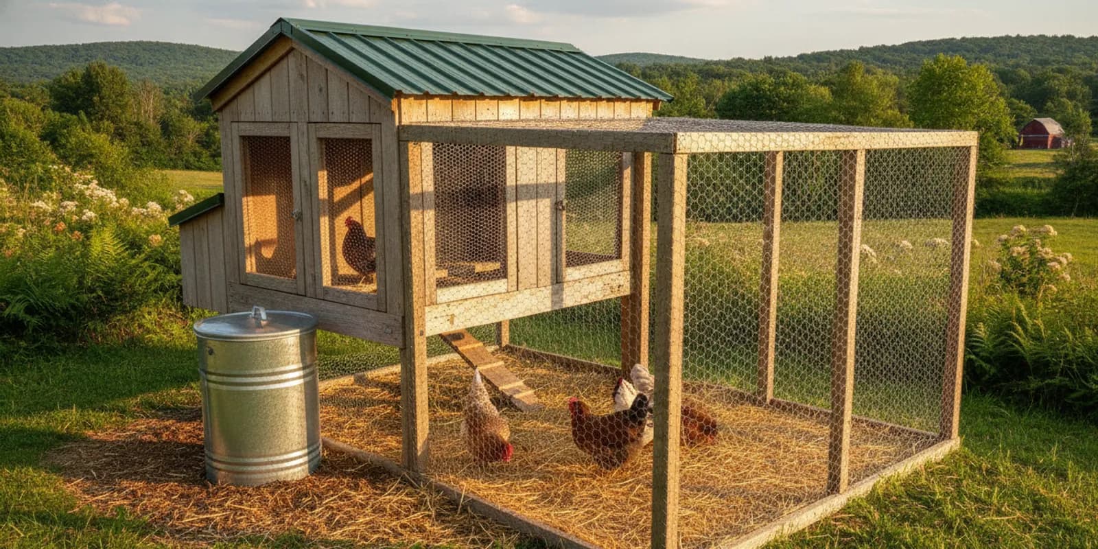 A clean backyard chicken coop with secure wire mesh and a sealed feed container