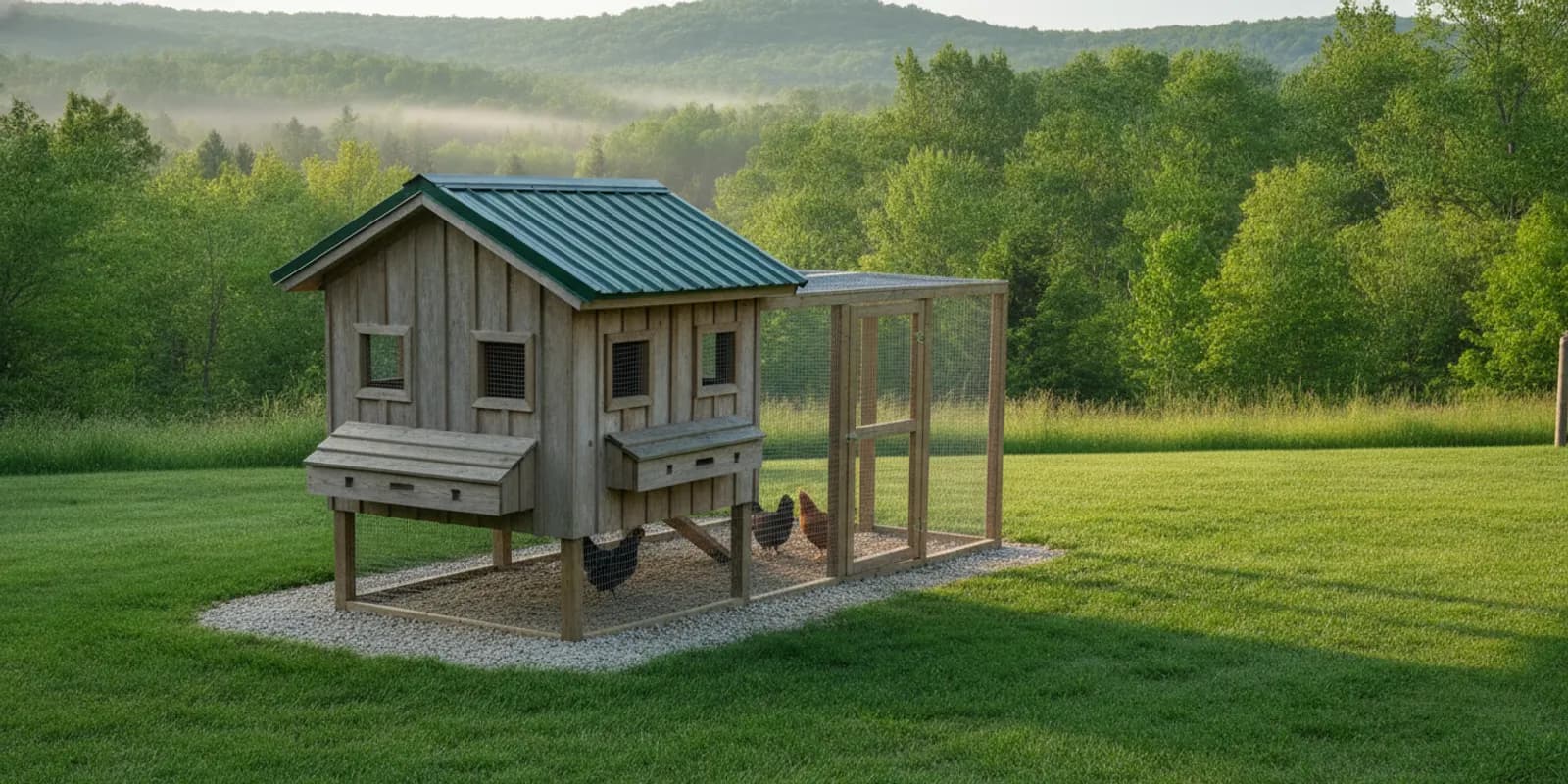 Chicken coop with fine-mesh ventilation and a clear, trimmed area around it