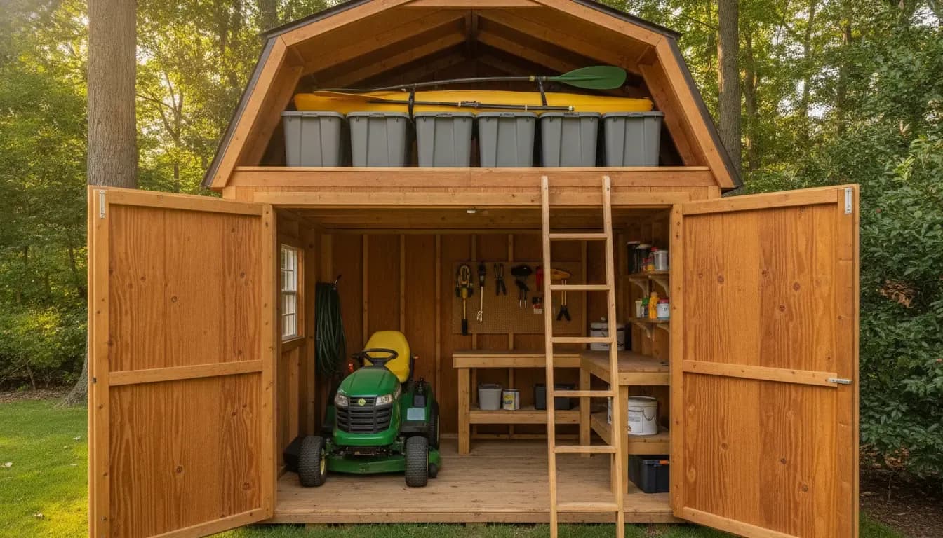Organized lofted barn shed showing a riding mower below and seasonal storage totes above