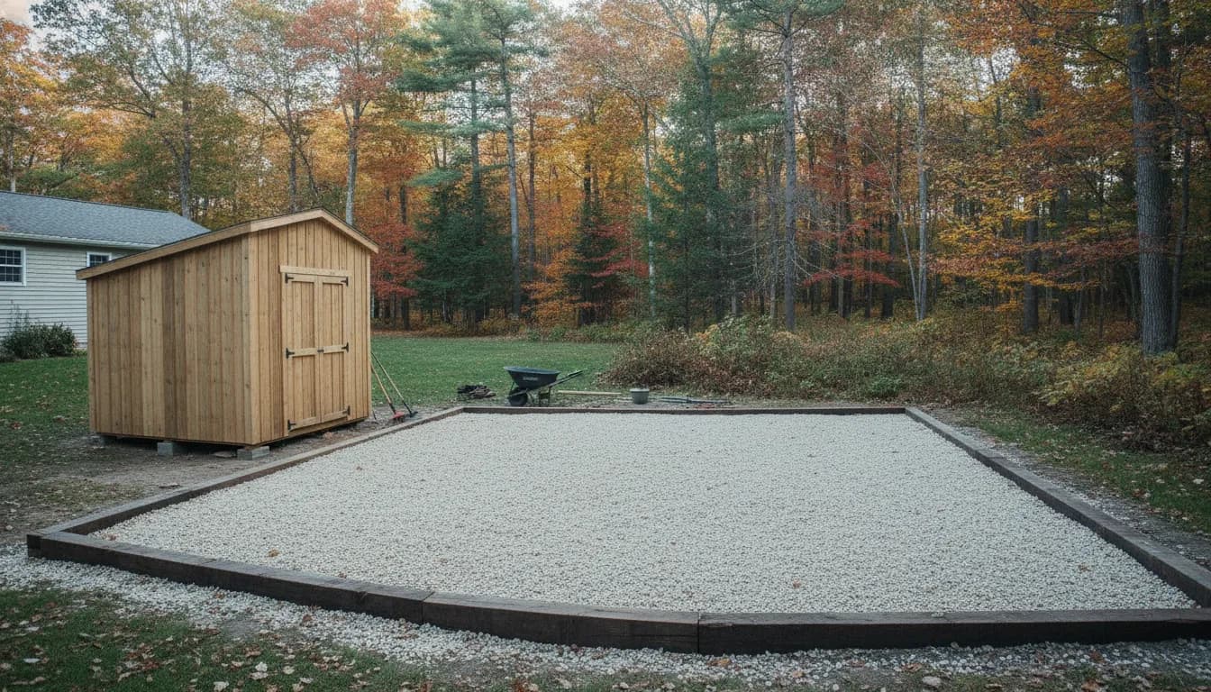 Prepared gravel and block-supported site for a shed in Upstate New York