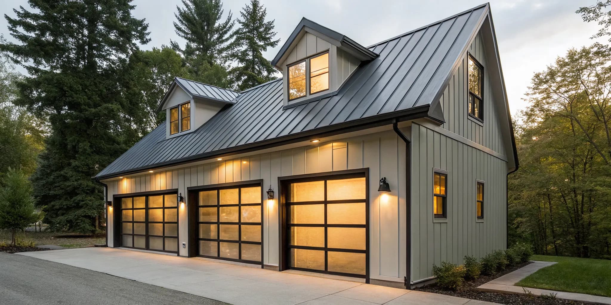 Modern lofted garage for sale with glass doors, offering flexible vehicle and overhead loft storage.