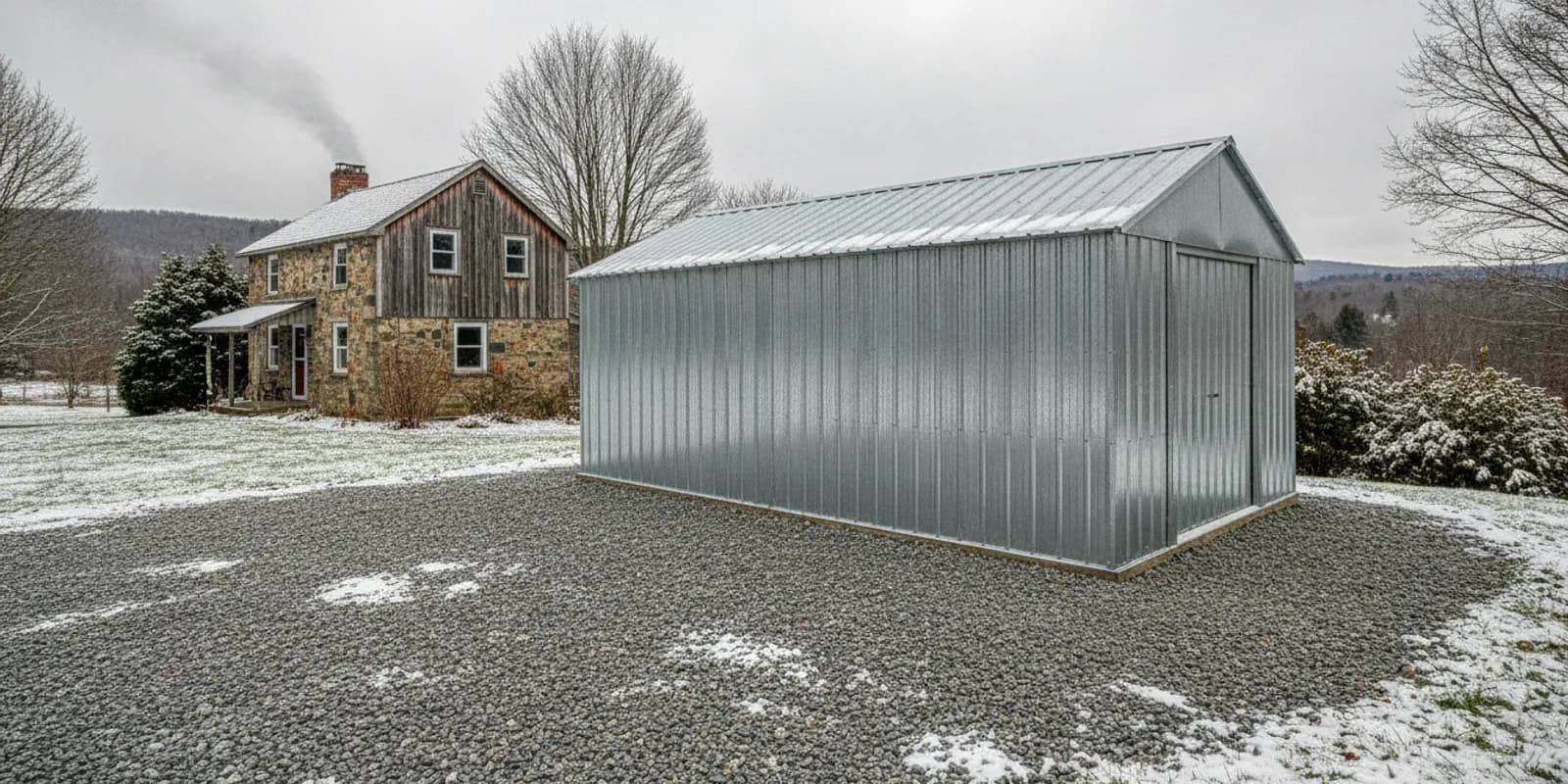 Metal utility shed beside a home in a snowy Upstate New York setting