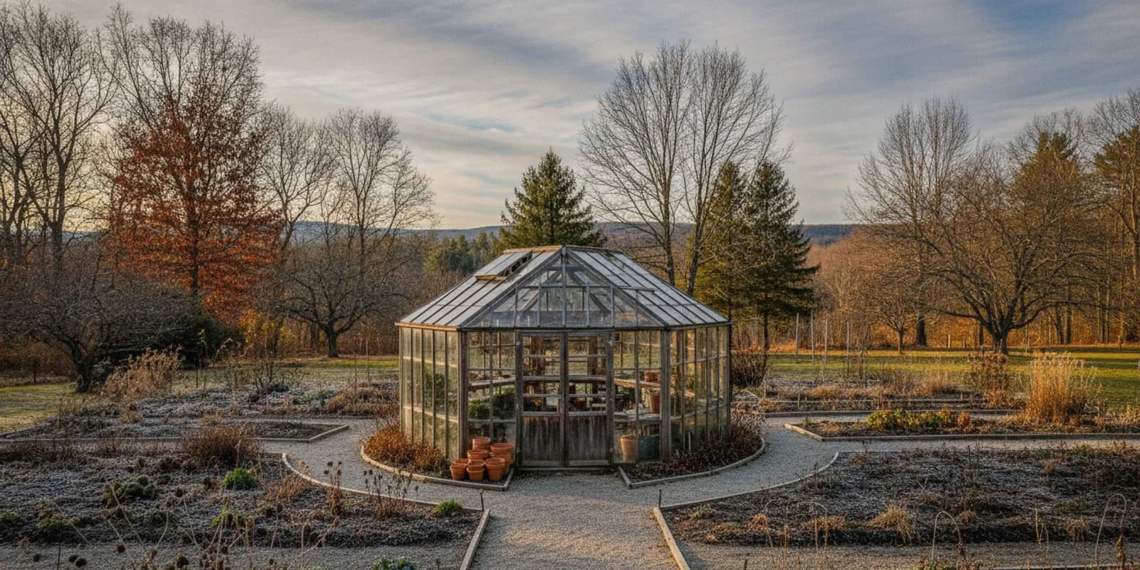 Outdoor greenhouse set on a clear, well-drained backyard site in Upstate New York