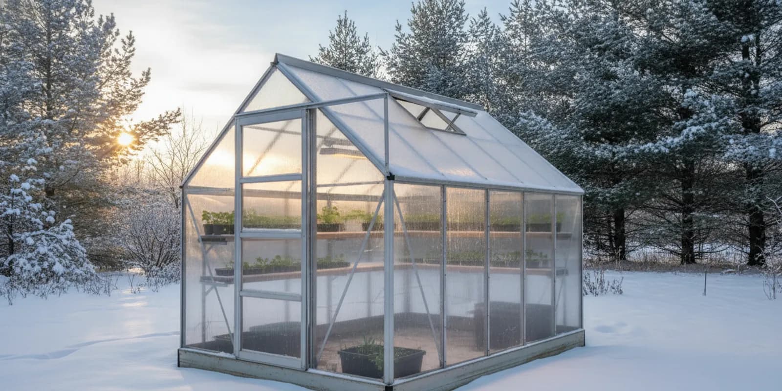A clear-panel greenhouse in a snowy Upstate New York backyard with winter sunlight coming through the roof