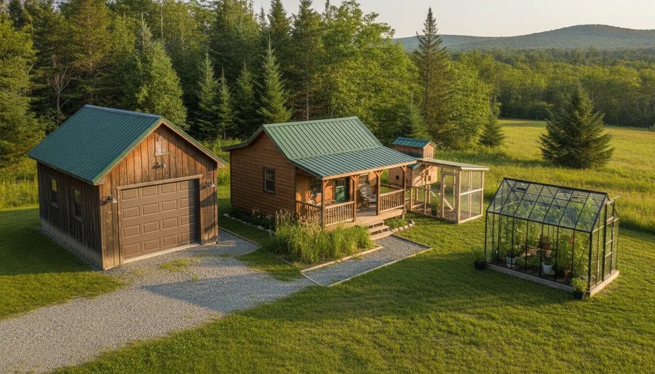 Portable buildings for sale in Upstate New York, including a garage, cabin, chicken coop, and greenhouse