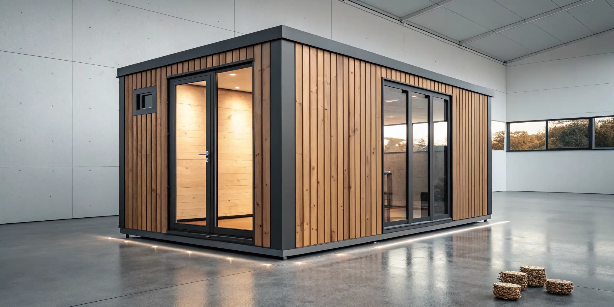 Modern portable cabin with wood siding and large windows, features that affect final prices.