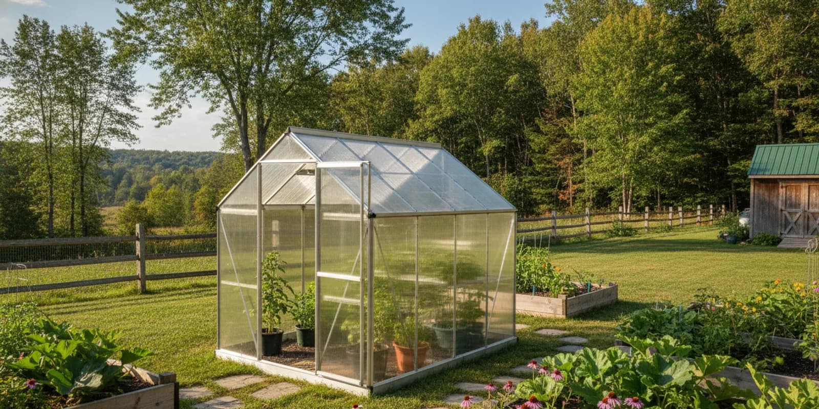 Portable greenhouse set in a sunny backyard with raised growing beds