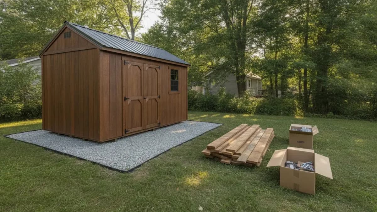 Pre-built wood shed on a gravel pad beside lumber and hardware for a shed kit in an Upstate New York backyard