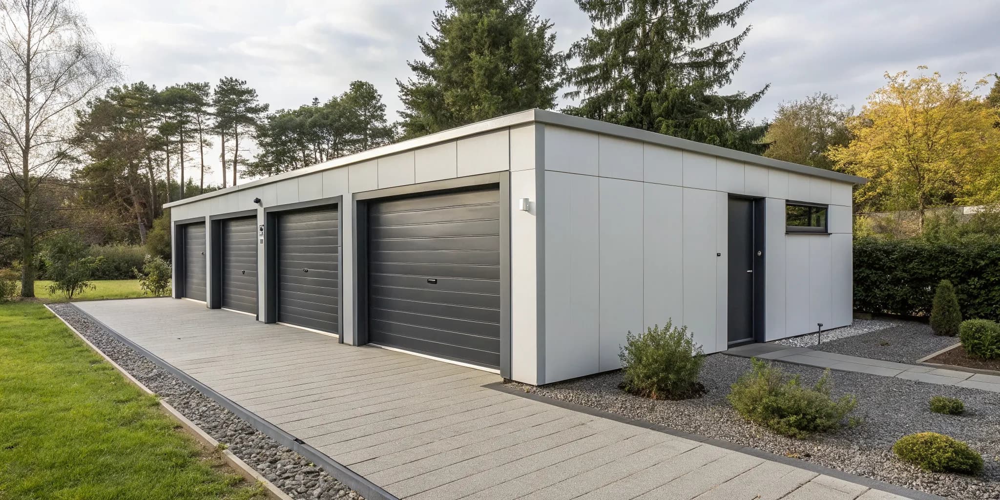 A modern prefabricated two car garage with gray doors and a white exterior.