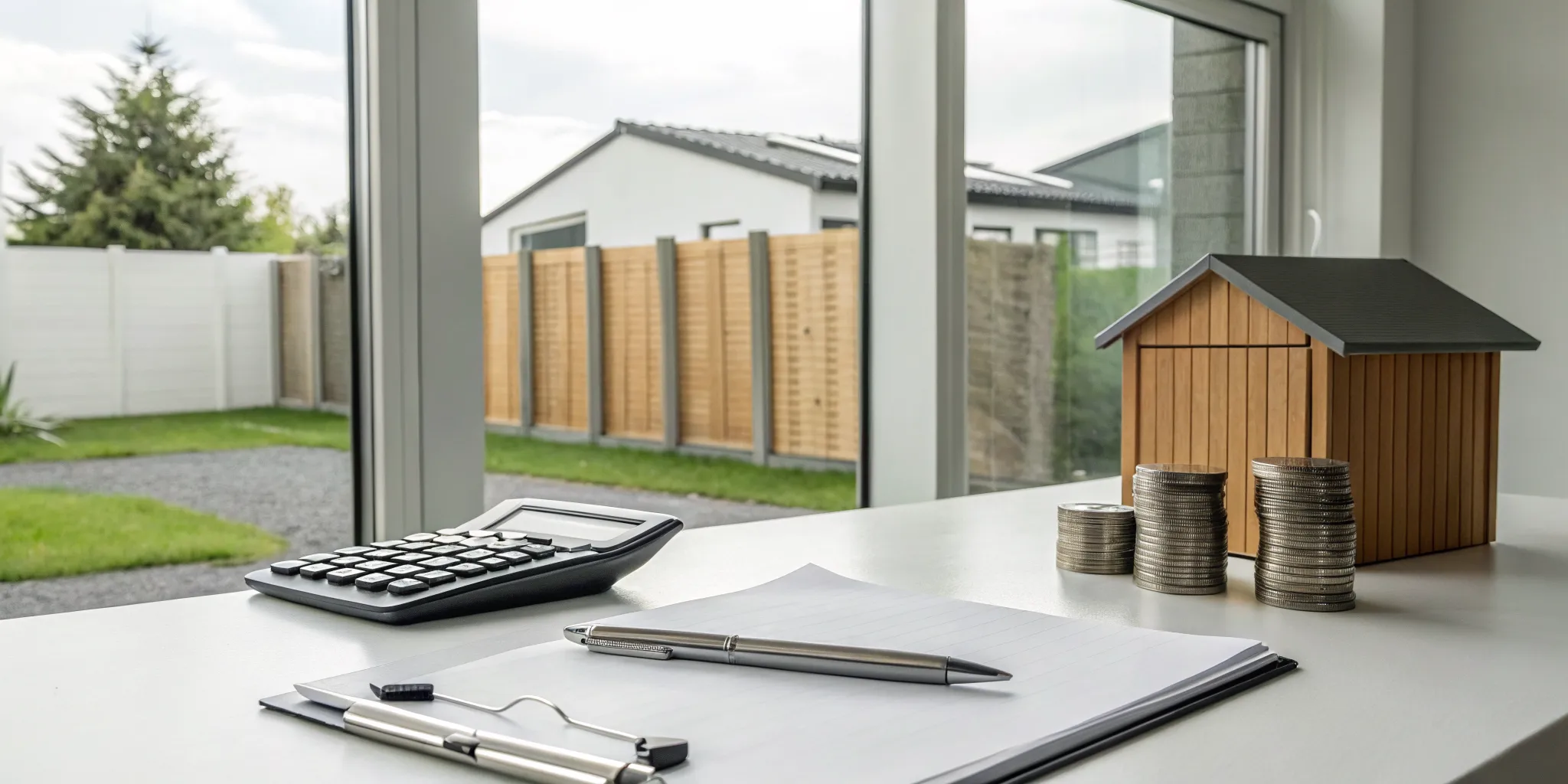 A model shed, calculator, and coins for calculating rent to own shed prices.