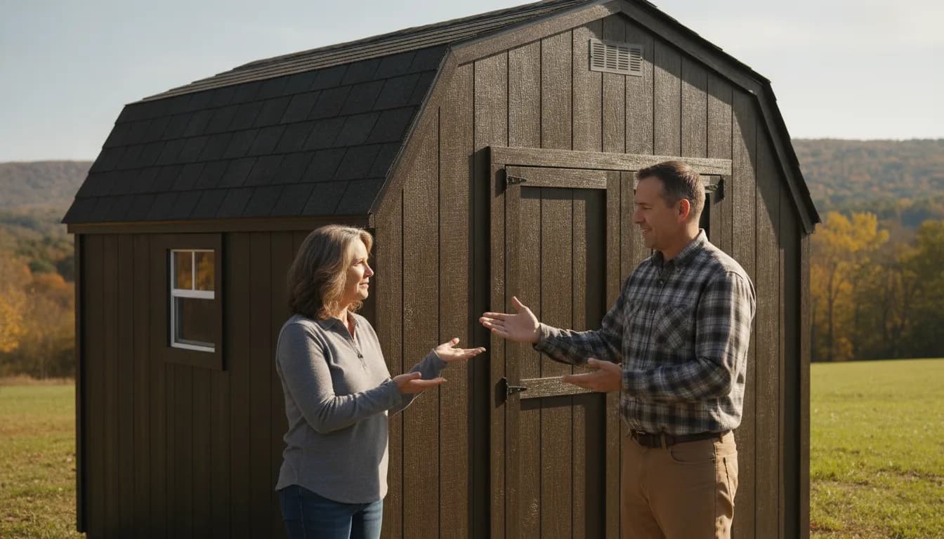 Homeowner comparing shed payment options with a local specialist