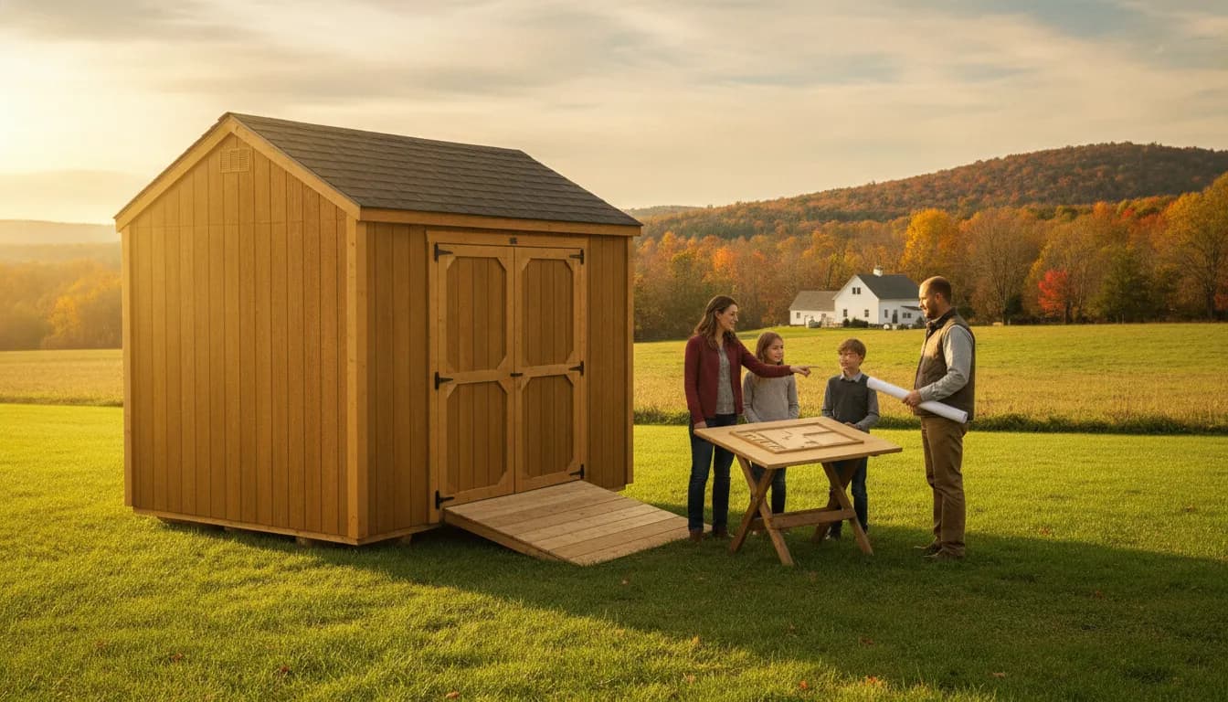 Family reviewing a rent to own shed plan beside a portable shed in Upstate New York