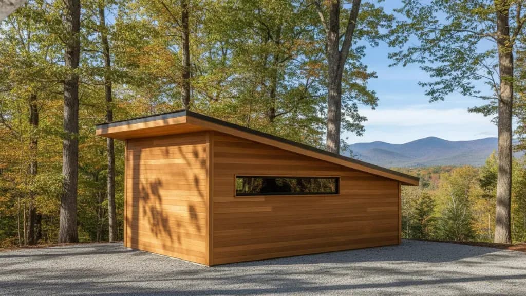Single-slope shed on a gravel pad in an Upstate New York backyard