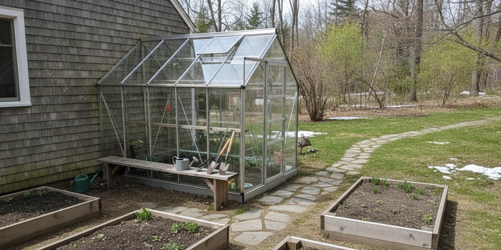 Small greenhouse beside a home garden in an Upstate New York setting