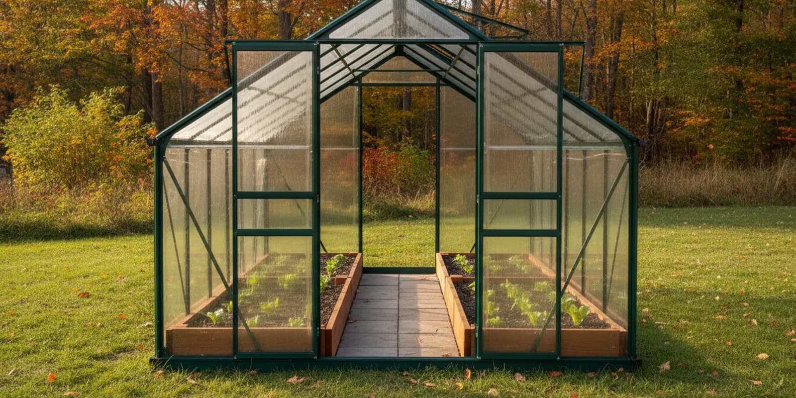 Compact backyard greenhouse with clear panels and organized plants in a northern garden