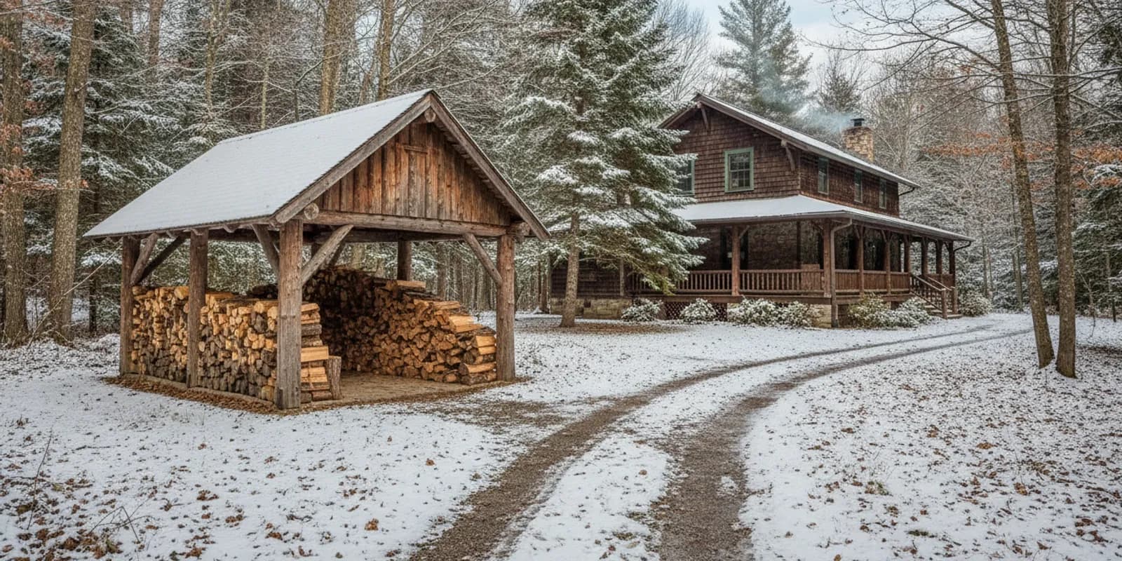 Wood storage building beside a snowy Adirondack property