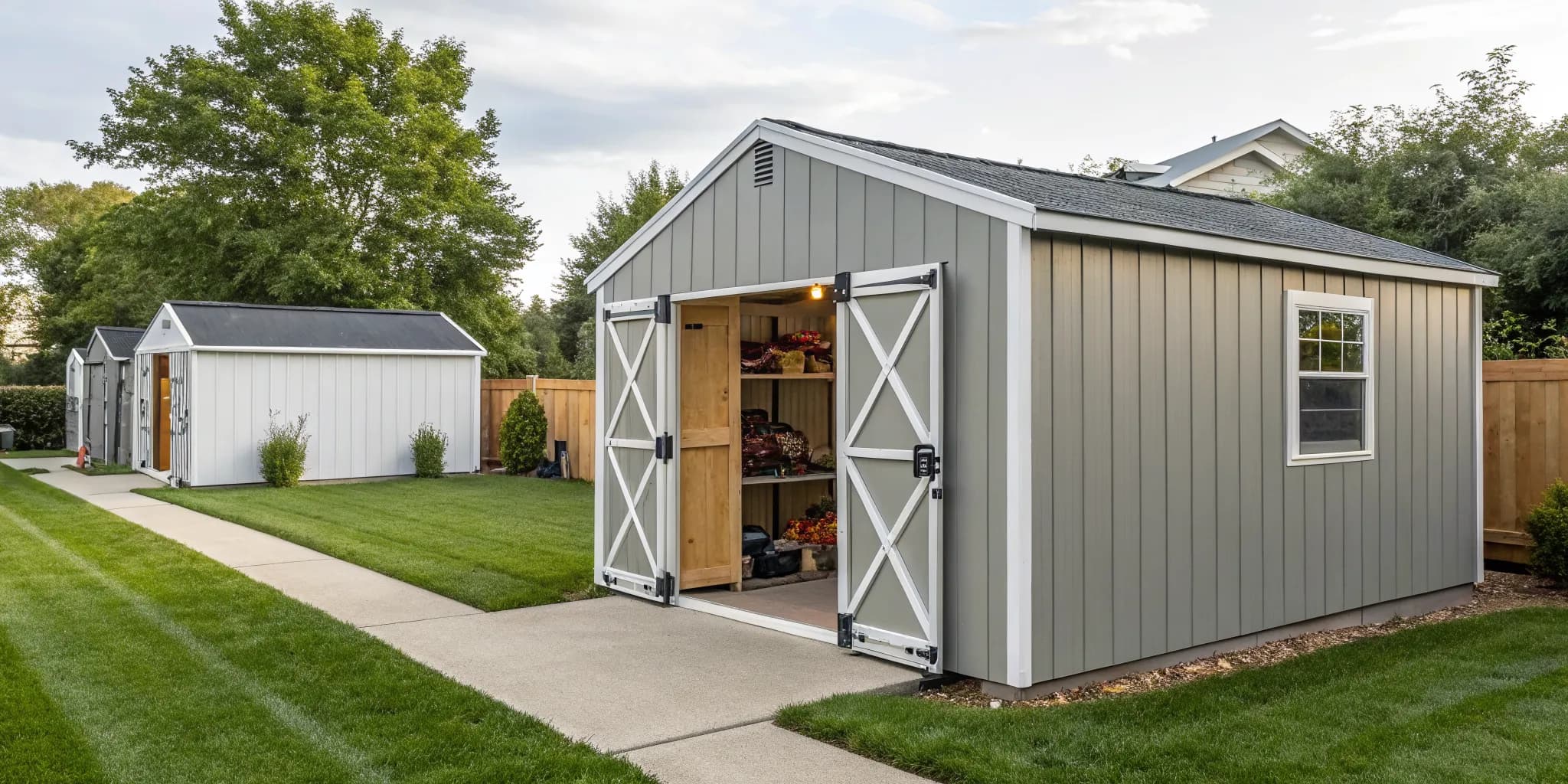 One of the best prebuilt storage sheds, featuring double doors and windows in a backyard.