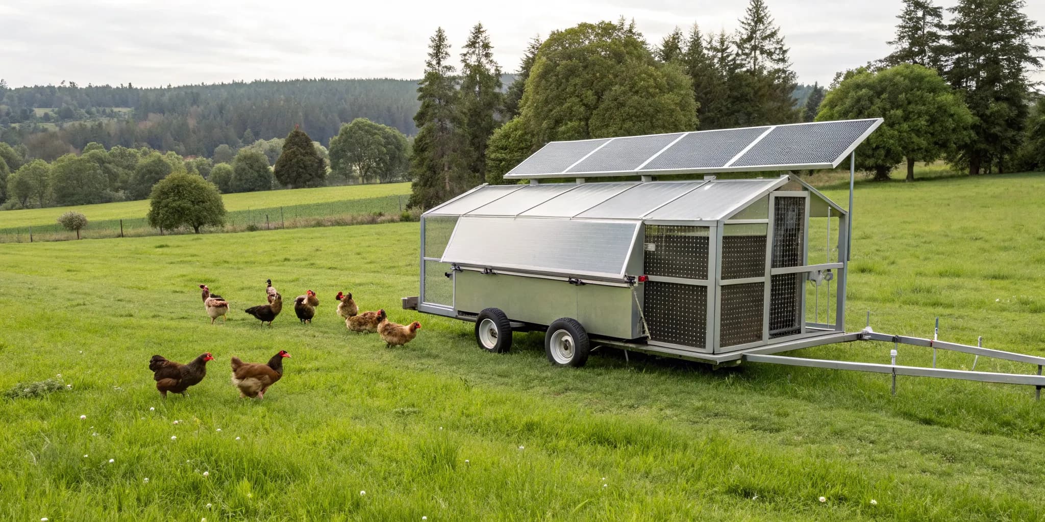An automated chicken tractor with solar panels in a pasture with foraging chickens.