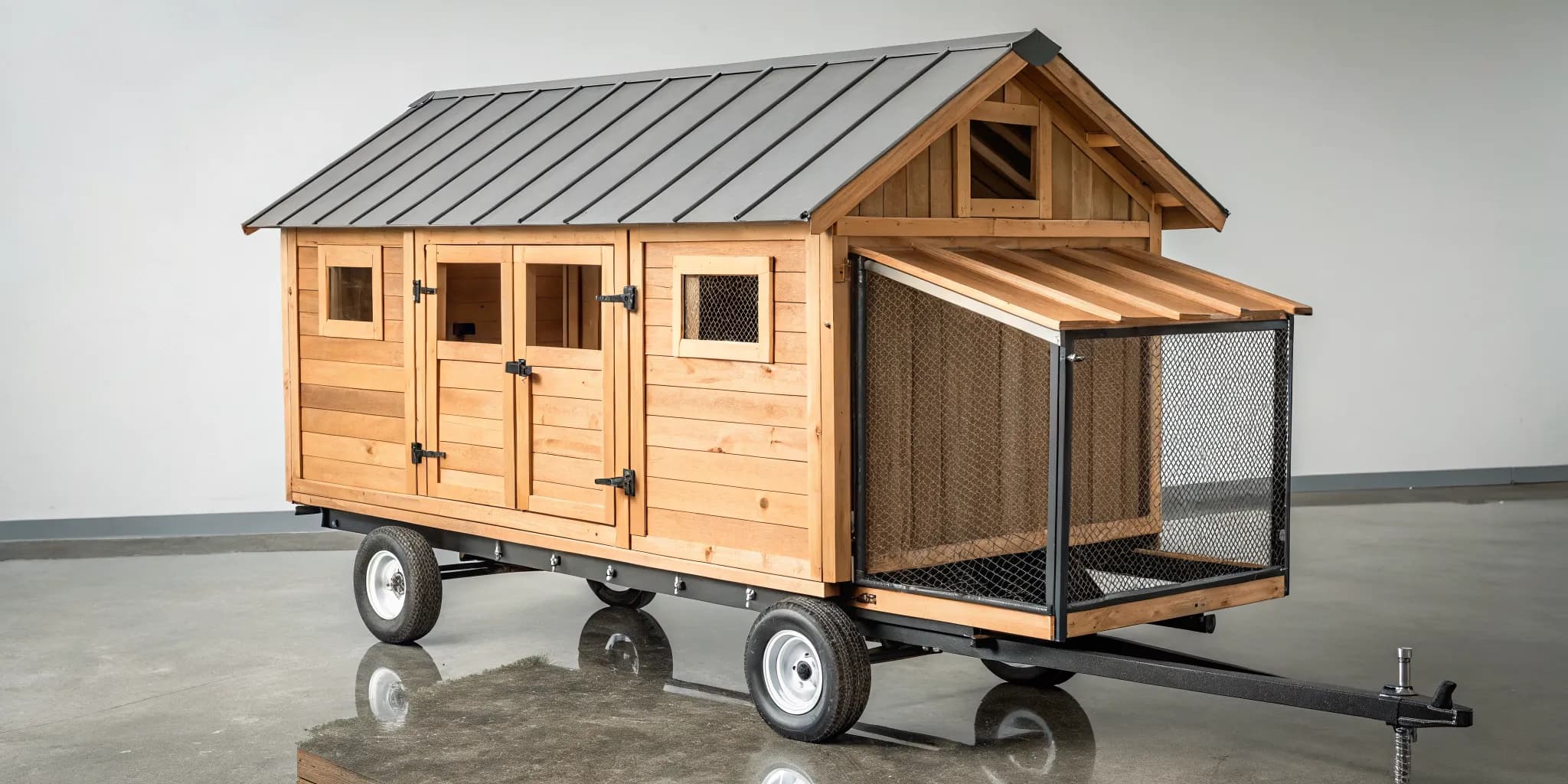 A well-built chicken coop wagon with large wheels and a secure, enclosed run.