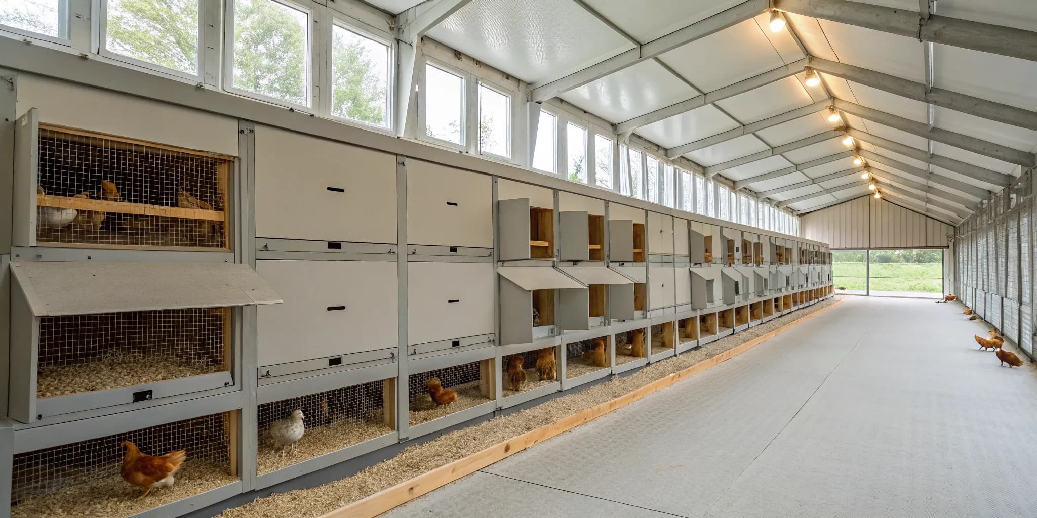 A row of clean nesting boxes for chickens inside a well-organized coop.