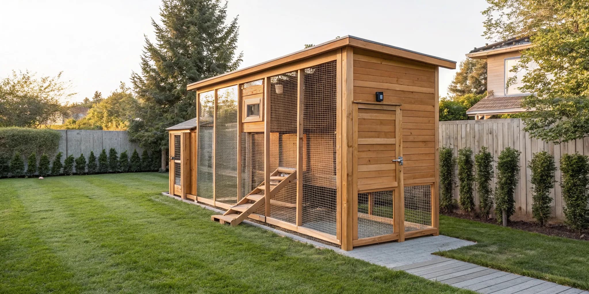 Spacious walk in chicken coop with a secure wood and wire run for a backyard.