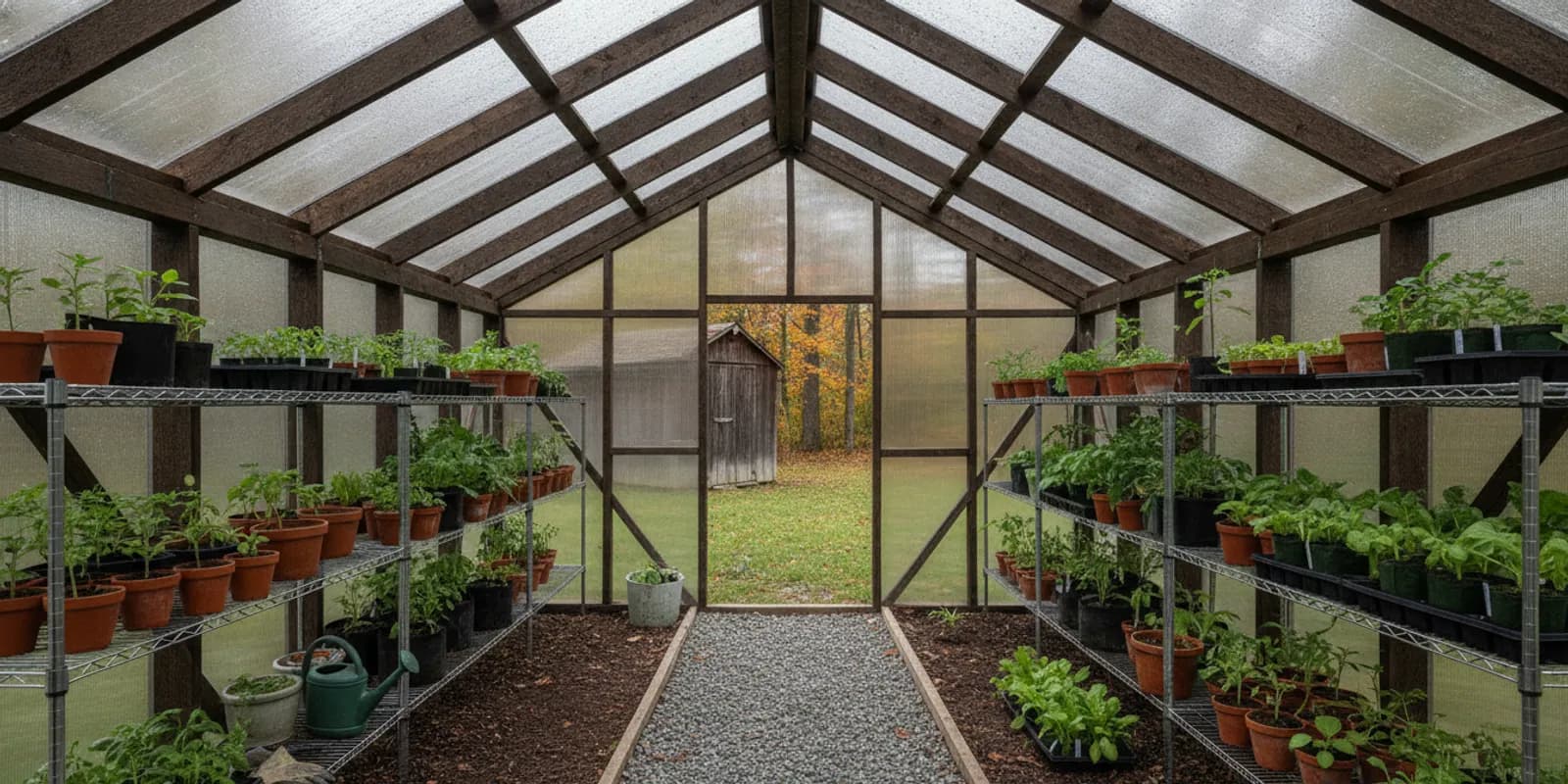 Walk-in greenhouse with planting shelves and a clear central aisle