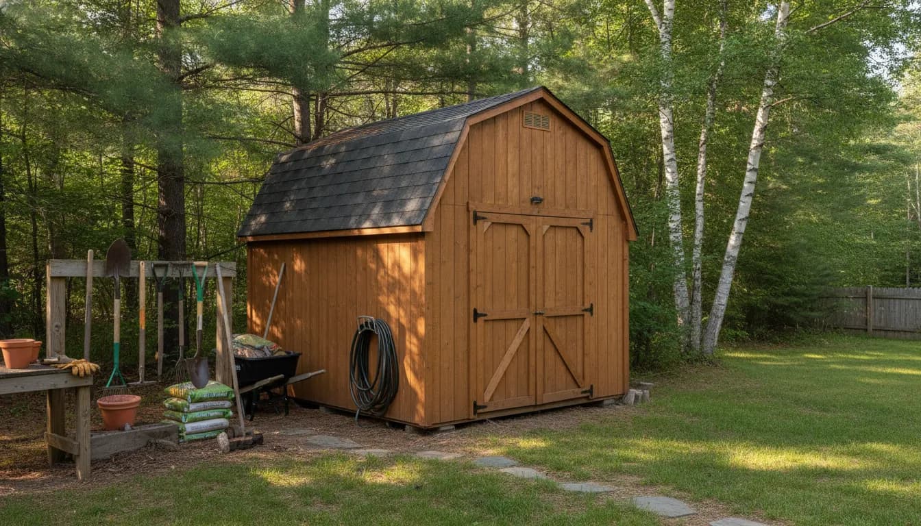 Compact barn-style storage shed in an Adirondack backyard