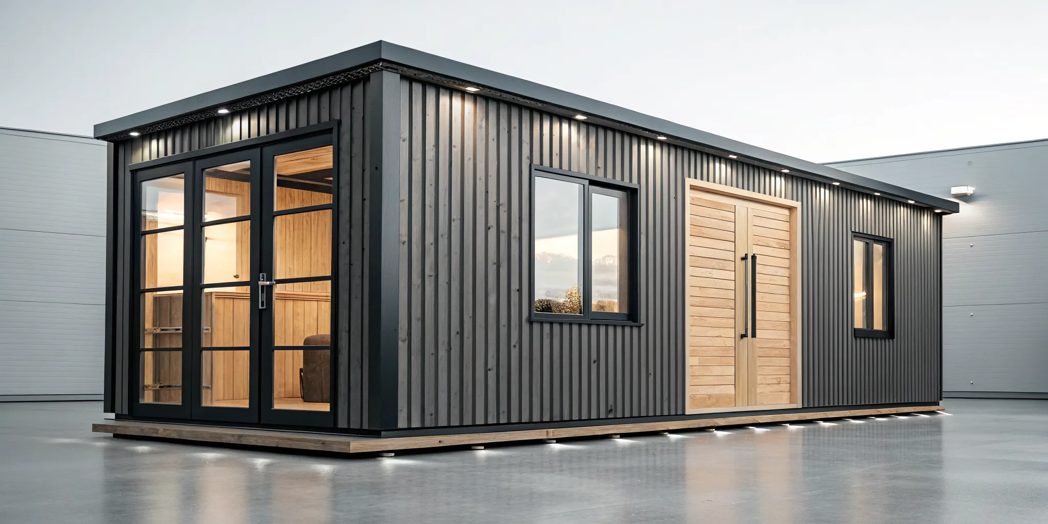 A high-quality portable cabin with large windows and wood siding, showing key features to look for.
