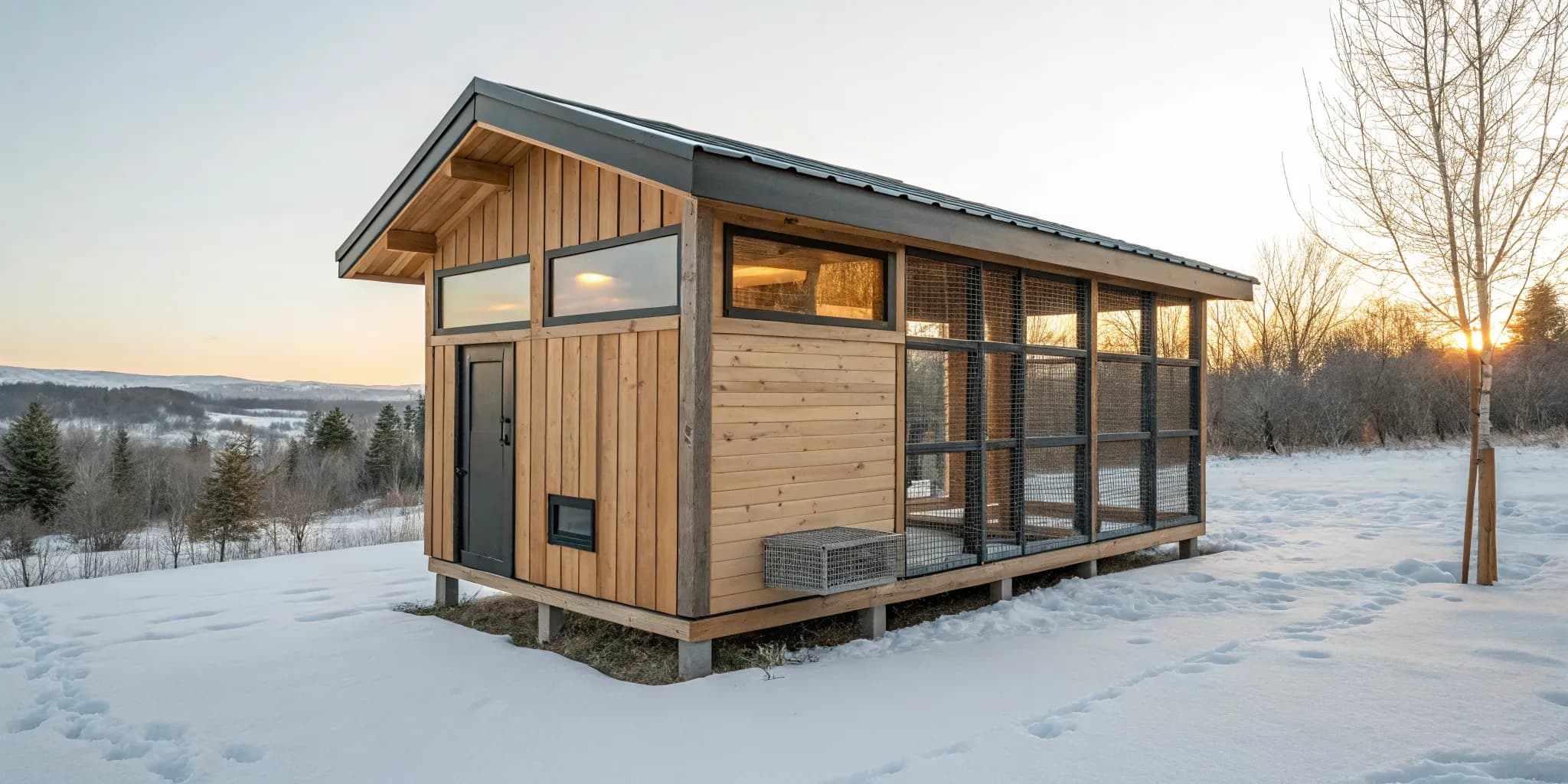 A sturdy winter-proof chicken coop with ventilation for keeping chickens warm in the snow.