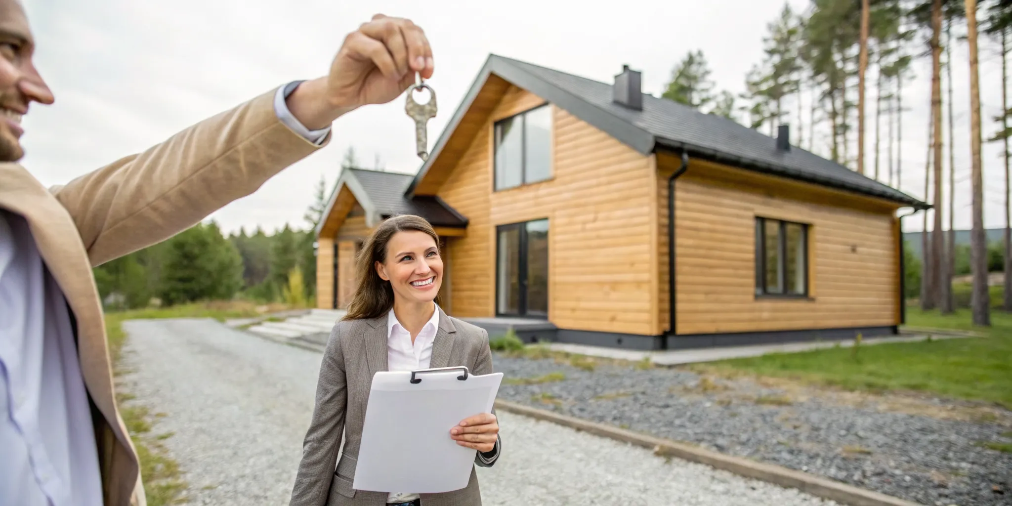 A woman smiles holding the keys to her no credit check rent to own cabin.