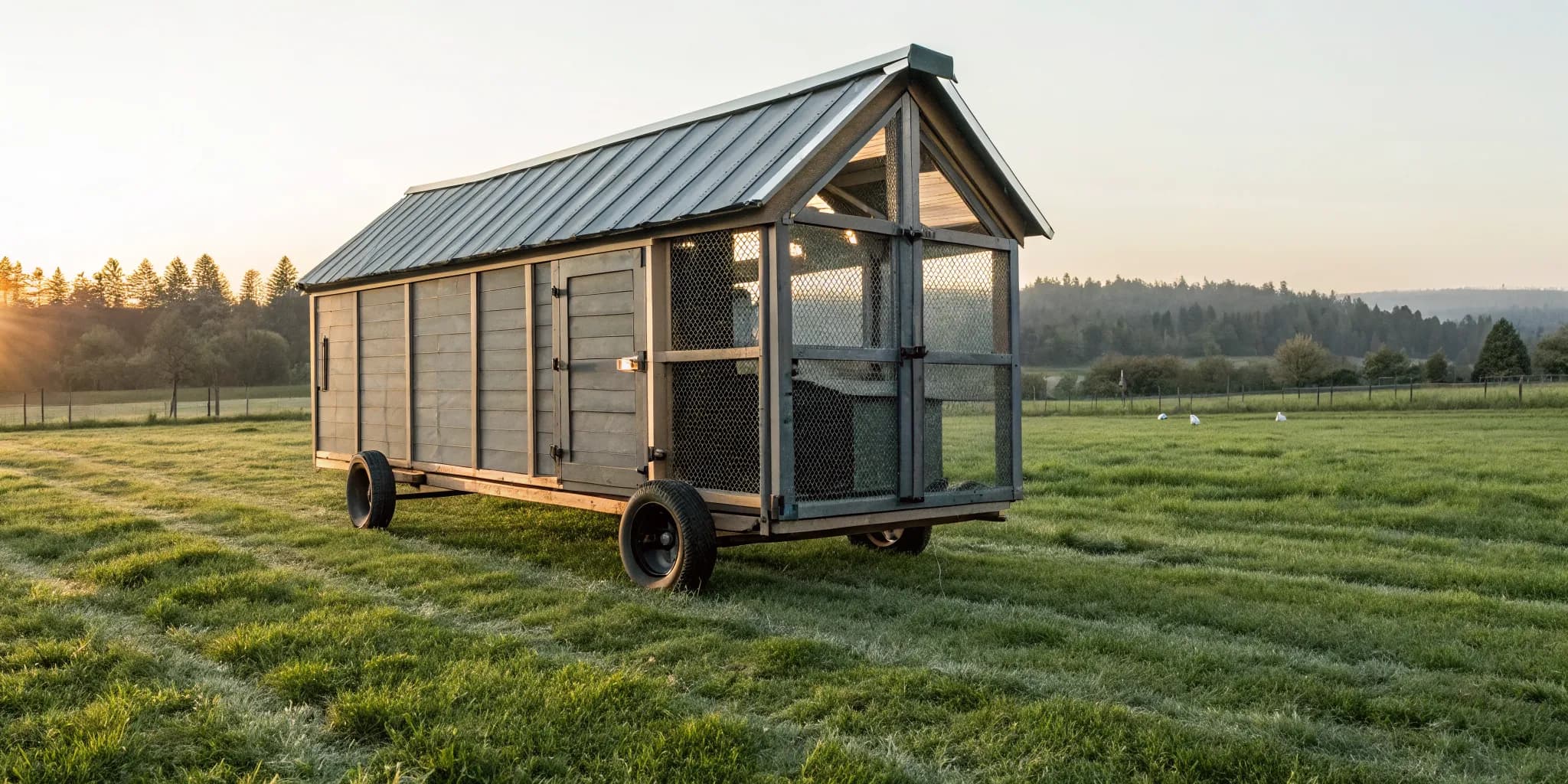 Moveable chicken tractor with wheels, ready for a new patch of grass.