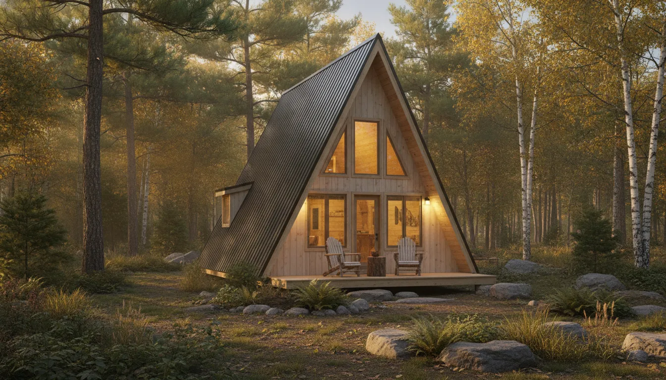 Pre-built A-frame cabin in a forested upstate New York setting with white pine siding, porch, and steep roof designed for snow shedding