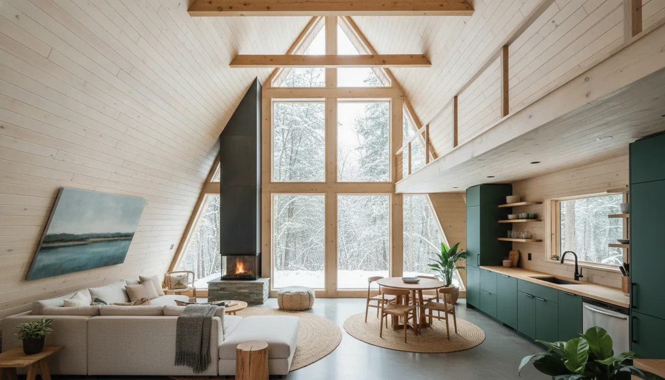 Warm interior of a pre-built A-frame cabin with white pine tongue-and-groove walls, loft space, large windows, and open-concept living area designed for upstate New York cabin living