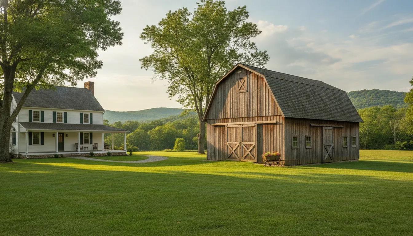 A wooden backyard barn sitting in a tidy grassy yard on a New York property