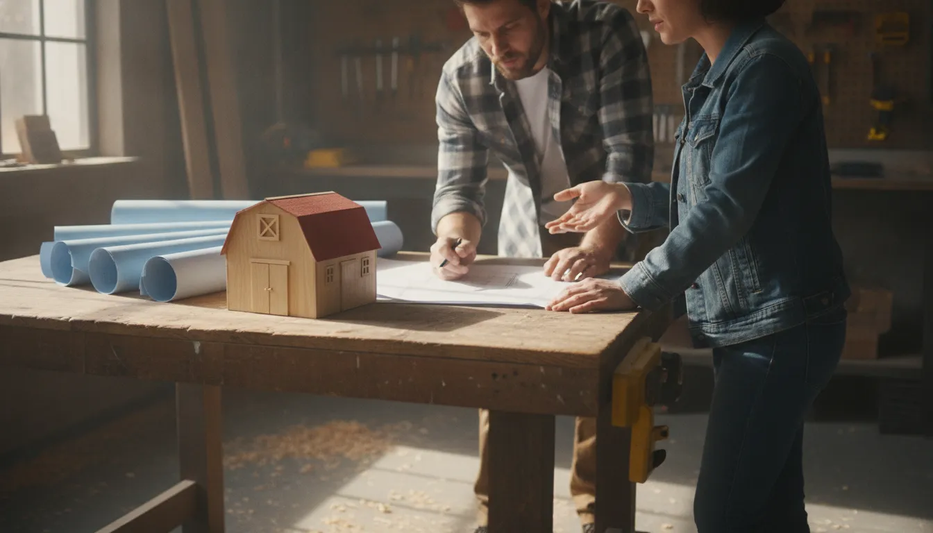 Builder and homeowner planning a custom shed design before pricing it in the 3D Shed Builder