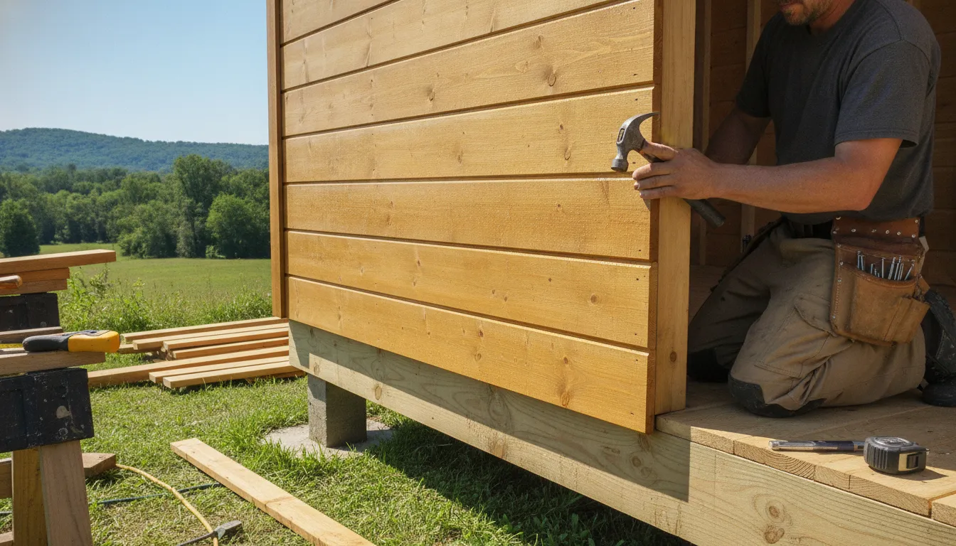 Craftsman installing water-sealed wood siding on a custom shed, a detail that shapes custom shed cost