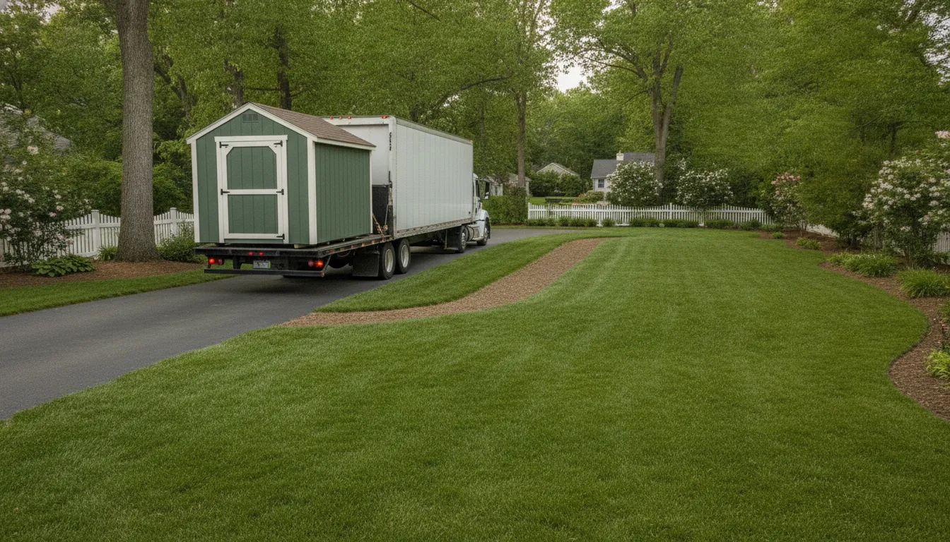 Delivery truck navigating a cleared driveway path for shed delivery site preparation