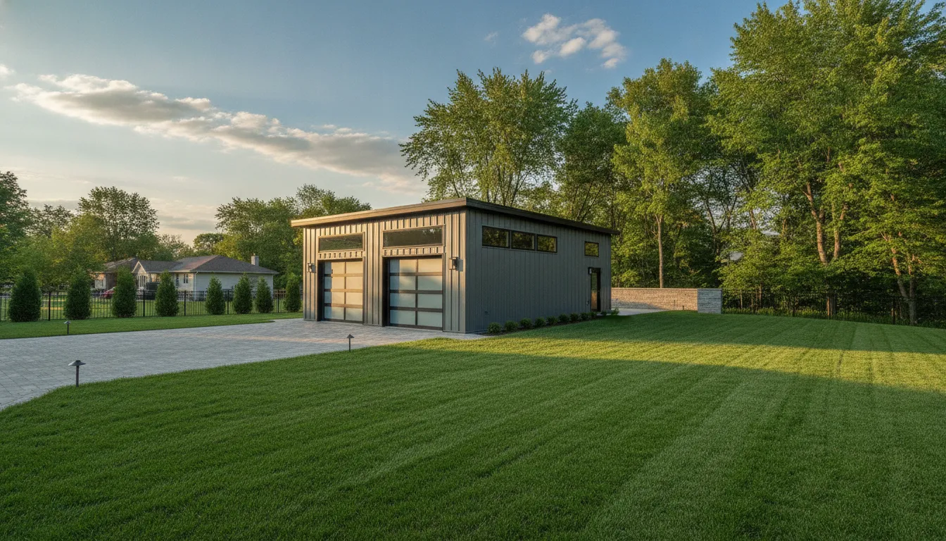 Modern double wide garage built with durable LP SmartSide siding and two overhead doors