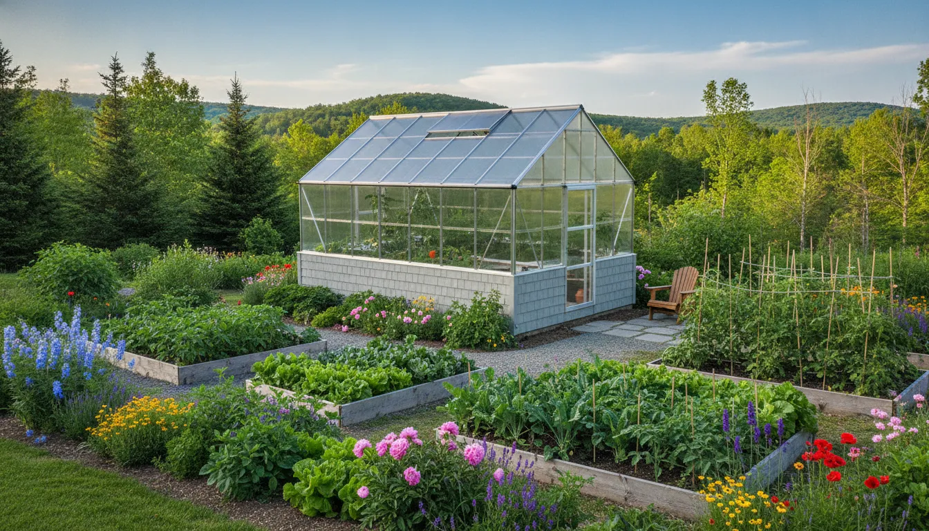 A polycarbonate backyard greenhouse with LP SmartSide siding surrounded by garden beds and flowers