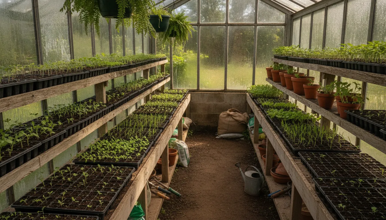 Wooden potting shelves inside a greenhouse with seed trays, gardening tools, and young seedlings
