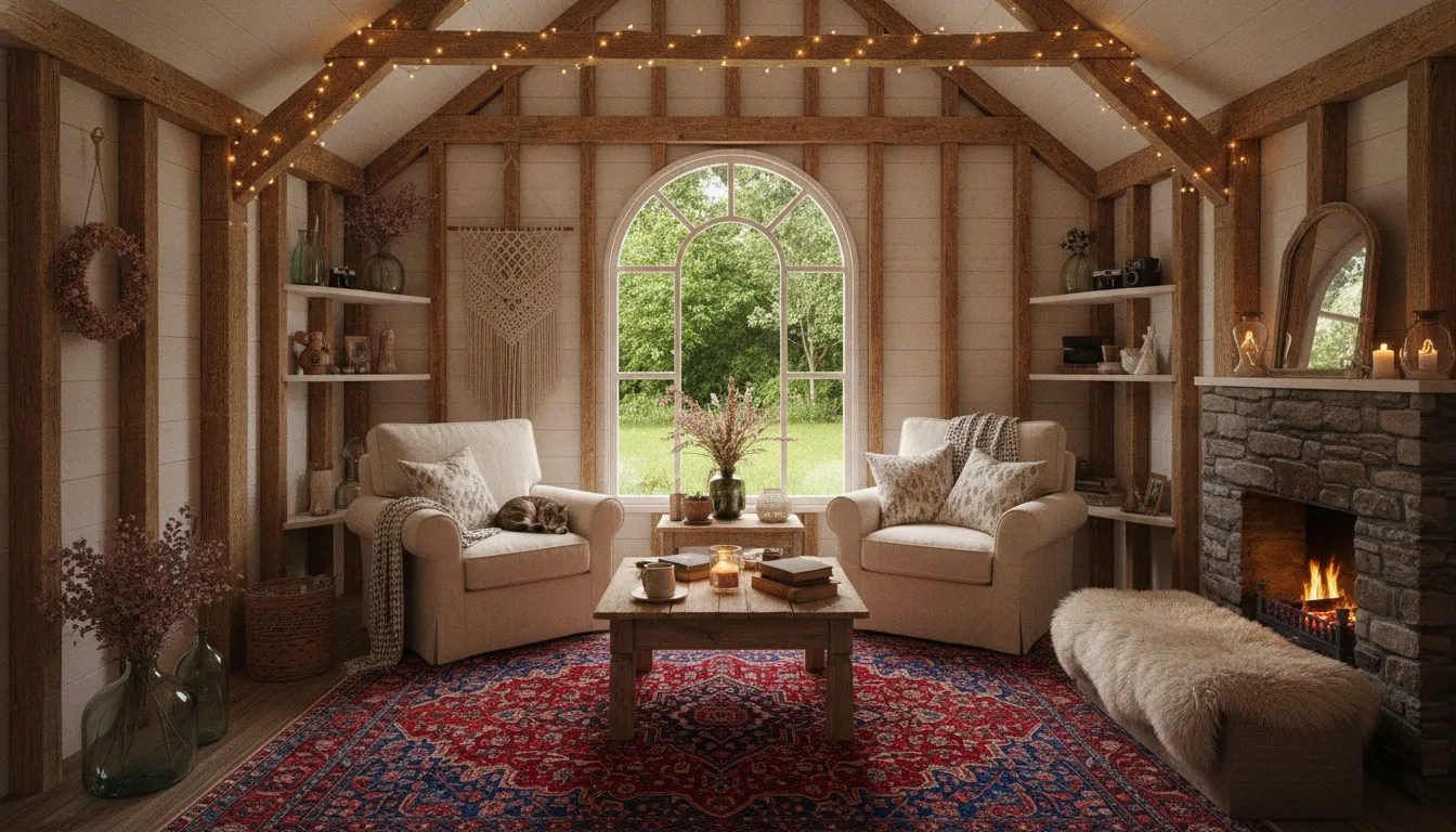 Cozy she-shed backyard barn interior with comfortable seating and warm decor